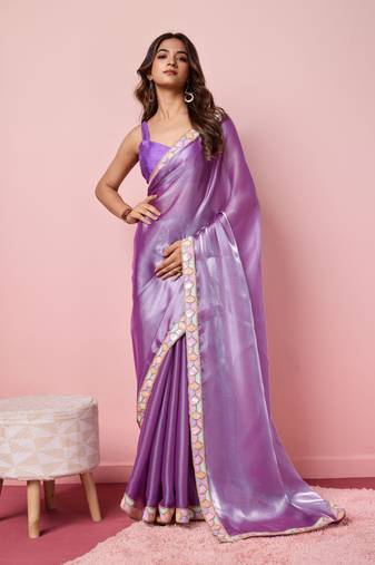 Lavender Plain Poly Silk Blend Saree With Blouse