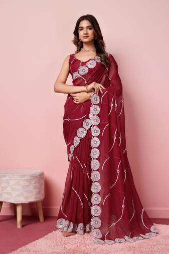 Magenta Embroidered Work Organza Saree With Blouse