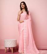 Peach Embroidered Work Organza Saree With Blouse