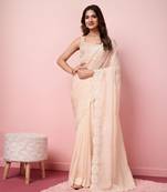 Cream Embroidered Work Organza Saree With Blouse