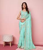 Light Blue Embroidered Work Organza Saree With Blouse