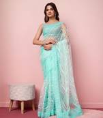 Light Blue Embroidered Work Net Saree With Blouse