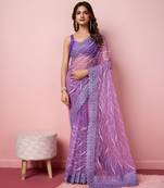 Purple Embroidered Work Net Saree With Blouse