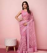 Pink Embroidered Work Net Saree With Blouse