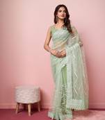 Olive Embroidered Work Net Saree With Blouse