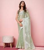 Olive Embroidered Work Poly Silk Blend Saree With Blouse