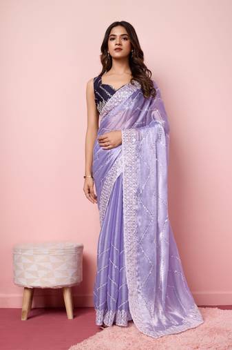 Blue Embroidered Work Poly Silk Blend Saree With Blouse
