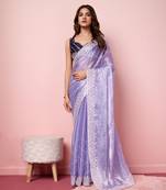 Blue Embroidered Work Poly Silk Blend Saree With Blouse