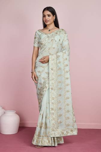 Olive Embroidered Work Organza Saree With Blouse