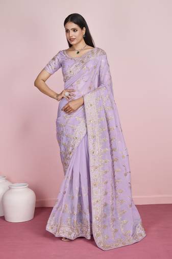 Lavender Embroidered Work Organza Saree With Blouse