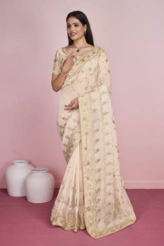 Cream Embroidered Work Organza Saree With Blouse