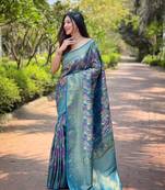 Women Denim Silk Saree Desigener Border And Zari Weaving Rich Pallu Saree With Blouse For Women