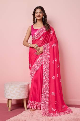 Pink Embroidered Work Organza Saree With Blouse