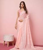 Peach Embroidered Work Organza Saree With Blouse