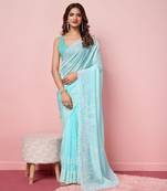 Light Blue Embroidered Work Organza Saree With Blouse