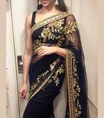 black and gold embroidered net saree with blouse