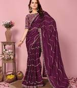 Purple Embroidered Work Poly Silk Blend Saree With Blouse