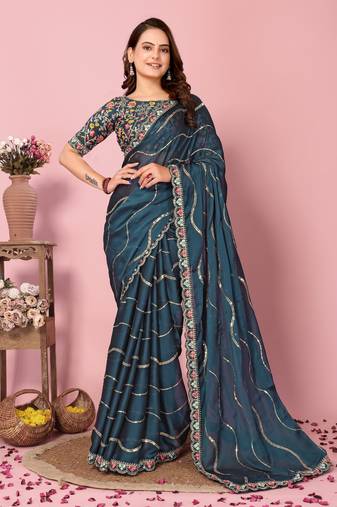 Teal Embroidered Work Poly Silk Blend Saree With Blouse