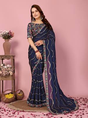 Blue Embroidered Work Poly Silk Blend Saree With Blouse 1