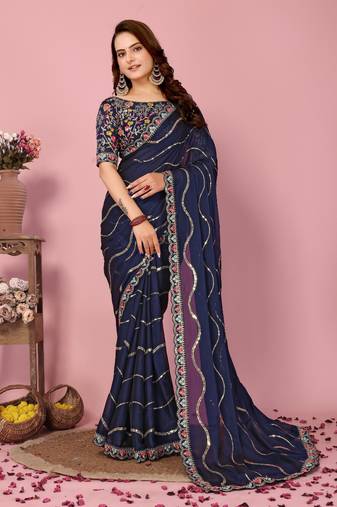 Blue Embroidered Work Poly Silk Blend Saree With Blouse