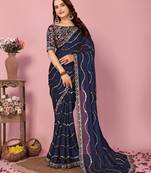 Blue Embroidered Work Poly Silk Blend Saree With Blouse