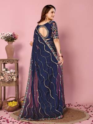 Blue Embroidered Work Poly Silk Blend Saree With Blouse 2