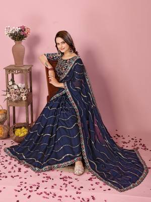 Blue Embroidered Work Poly Silk Blend Saree With Blouse 3