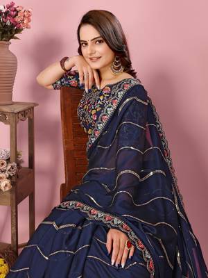 Blue Embroidered Work Poly Silk Blend Saree With Blouse 4