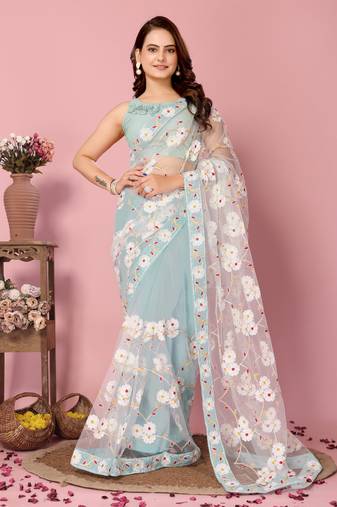 Light Blue Embroidered Work Net Saree With Blouse