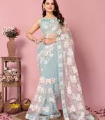 Light Blue Embroidered Work Net Saree With Blouse