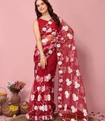 Red Embroidered Work Net Saree With Blouse
