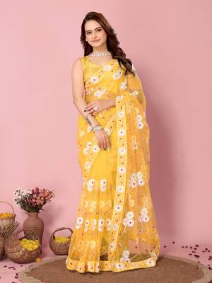 Yellow Embroidered Work Net Saree With Blouse 1