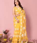 Yellow Embroidered Work Net Saree With Blouse