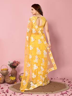 Yellow Embroidered Work Net Saree With Blouse 2