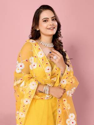 Yellow Embroidered Work Net Saree With Blouse 3