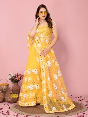 Yellow Embroidered Work Net Saree With Blouse 4