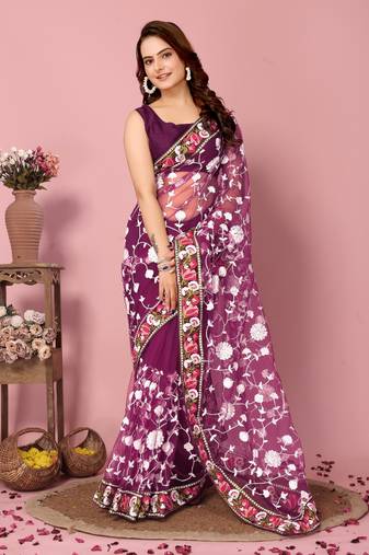 Purple Embroidered Work Net Saree With Blouse