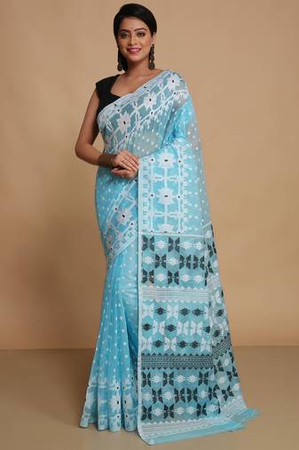 Women'S Cotton Silk Dhakai Softs Vojadi Dhakai Jamdani Sarees (Sky) Without Blouse