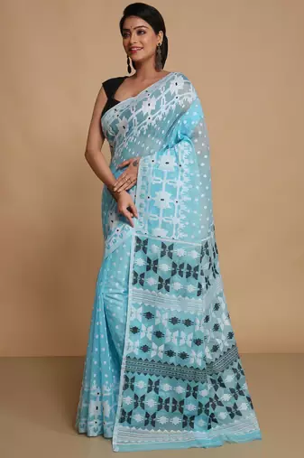 aqua art silk bengal handloom jamdani saree