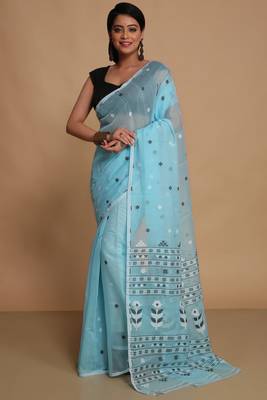 Women'S Cotton Silk Dhakai Softs Flower Tree Jamdani Sarees (Sky) Without Blouse 1