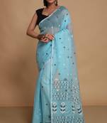 Women'S Cotton Silk Dhakai Softs Flower Tree Jamdani Sarees (Sky) Without Blouse