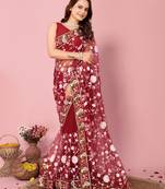 Maroon Embroidered Work Net Saree With Blouse