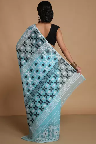 aqua art silk bengal handloom jamdani saree