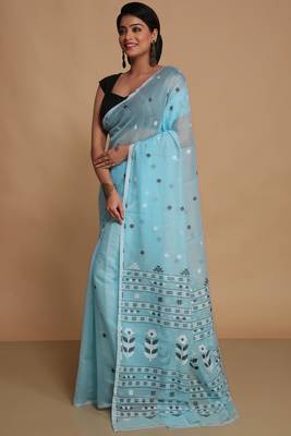 Women'S Cotton Silk Dhakai Softs Flower Tree Jamdani Sarees (Sky) Without Blouse 2