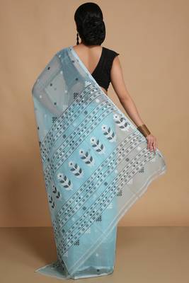 Women'S Cotton Silk Dhakai Softs Flower Tree Jamdani Sarees (Sky) Without Blouse 3