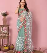 Olive Embroidered Work Net Saree With Blouse