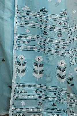 Women'S Cotton Silk Dhakai Softs Flower Tree Jamdani Sarees (Sky) Without Blouse 4