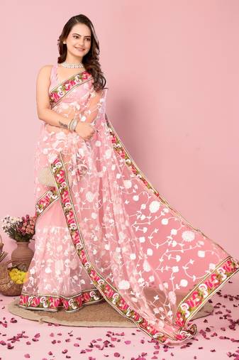 Pink Embroidered Work Net Saree With Blouse