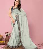 Olive Embroidered Work Organza Saree With Blouse