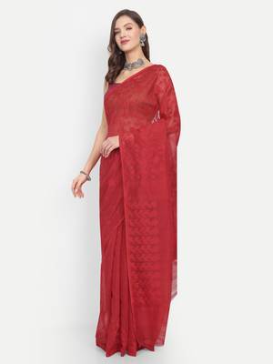 Bengal Handloom Soft Dhakai Saree (Red) Without Blouse 2